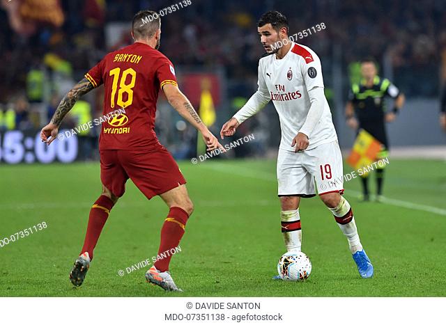 Roma football player Davide Santon and Milan football player Theo Hernandez during the match Roma-Milan in the Olimpic stadium