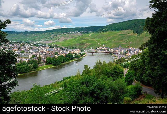 BERNKASTEL, GERMANY - JUNE 19, 2020: Panoramic image of Bernkastel close to the Moselle river on June 19, 2020 in Germany