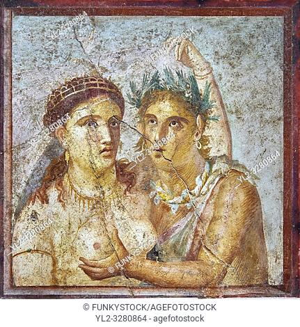 A satyr caressing a maiden a Roman erotic fresco painting from Pompeii 1st cent AD , from the Casa di L Cecilio Giocondo, inv no 110590