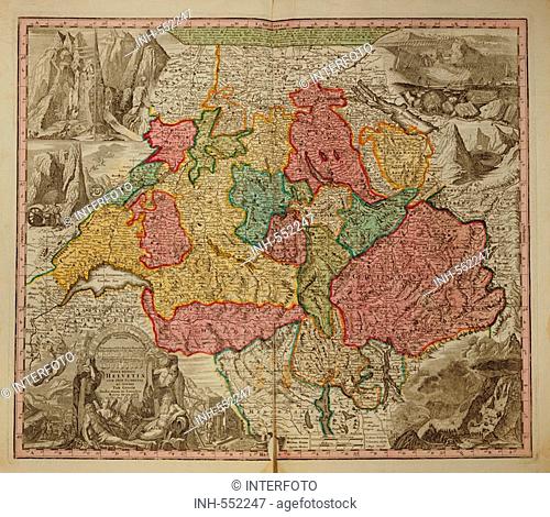 cartography, maps, Switzerland, copper engraving, Atlas Novus by Georg Matthaeus Seutter, printed by Peter von Bhelen, Vienna, 1728, private collection, map
