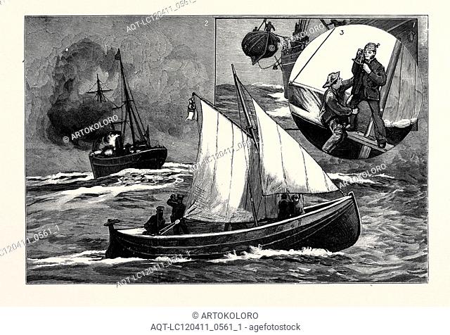 SEVEN HUNDRED MILES IN THE ""BERTHON"" COLLAPSIBLE LIFEBOAT: 1. Lowering the Boat from the Royal Mail Steamship ""Essequibo"" in the Bay of Biscay