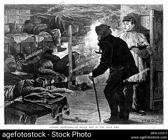 J.C. Dollman's London sketches-an opium den at the East End- Oct 1880. This engraving by J.C. Dollman from 1880 depicts an opium den in East London in the 19th...