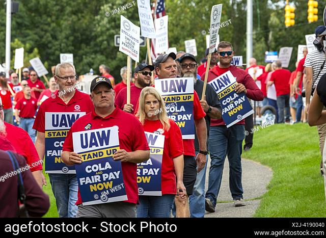 Auburn Hills, Michigan USA - 20 September 2023 - Members of the United Auto Workers hold a practice picket at Stellantis headquarters during their strike...