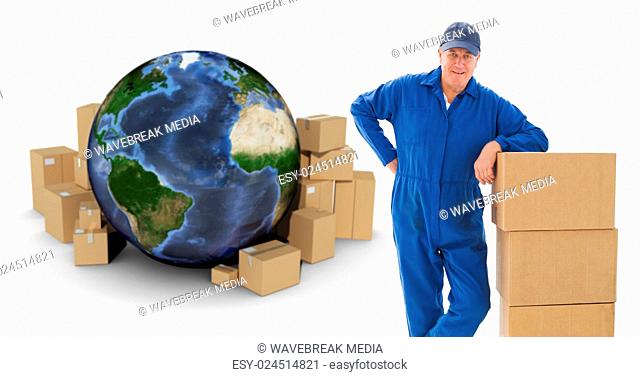 Composite image of happy delivery man leaning on pile of cardboard boxes