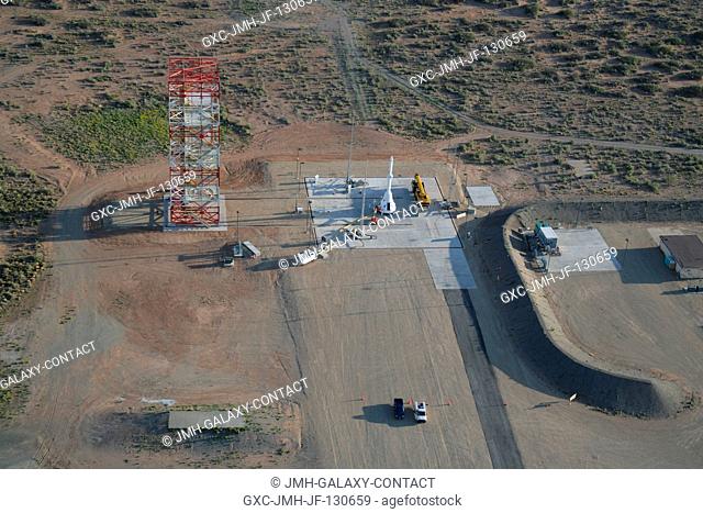 An aerial view shows the launch abort system for the Pad Abort-1 (PA-1) flight test on the launch pad (on the right) for the test at the U.S