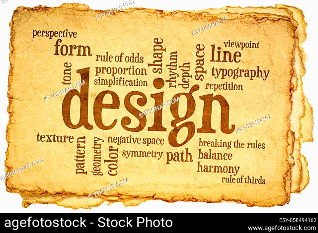 design elements and rules word cloud on a handmade tan toned paper