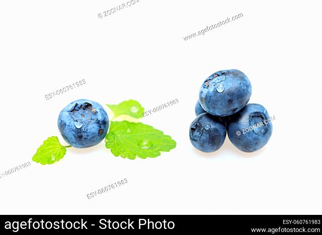 natural blueberry berries with mint leaves isolated on white background. copy space