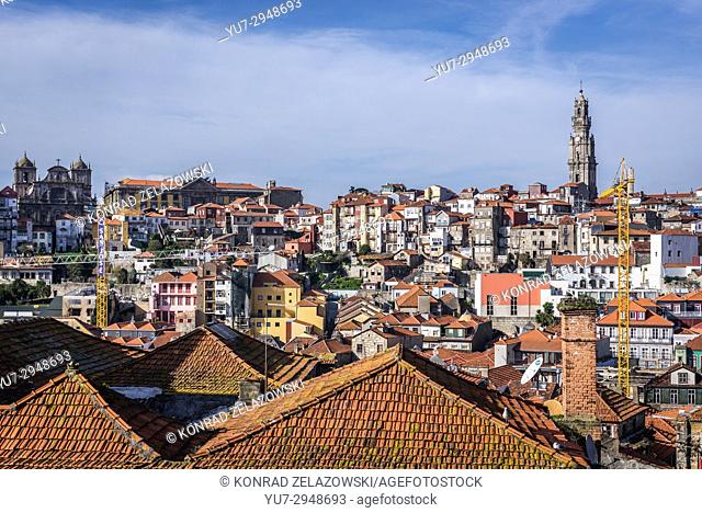 Aerial view in Porto city, Portugal. View with bell tower of Clerigos Tower