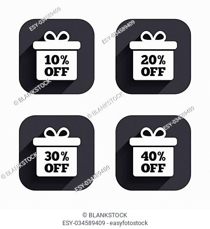 Sale gift box tag icons. Discount special offer symbols. 10%, 20%, 30% and 40% percent off signs. Square flat buttons with long shadow