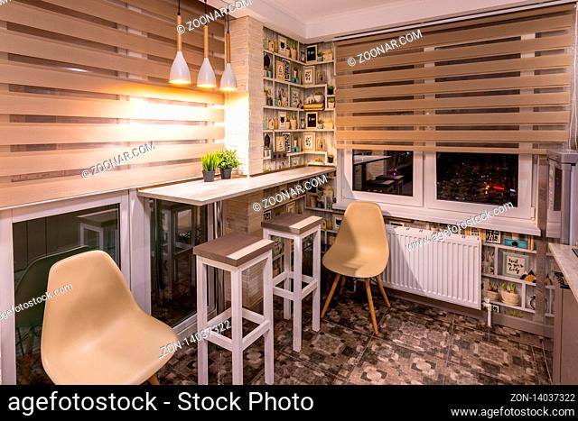 Anapa, Russia - June 27, 2019: Stylized small table in the apartment kitchen