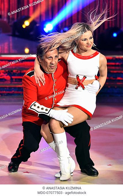 The Italian actor Angelo Russo with his dance teacher Anastasia Kuzmina during the fourthepisode of the show Ballando Con Le Stelle auditorium Rai Foro italico