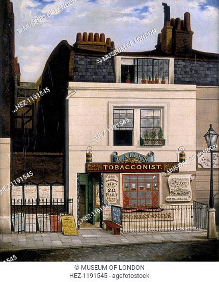 'Allen's Tobacconist Shop, Hart Street, Grosvenor Square', 1841. Robert Allen's London shop with signs advertising cigars and snuff, a sign painter