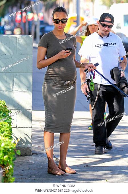 Zoe Saldana walks her dog Mugsy before visiting In-N-Out to grab some lunch Featuring: Zoe Saldana Where: Los Angeles, California