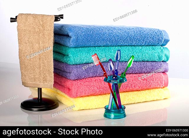 Bath towels against a white background in a studio environment