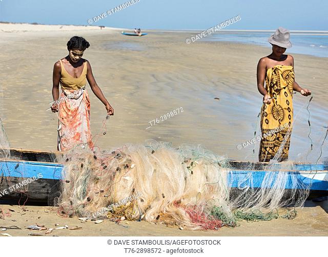 Sakalava women working the fish nets, Morondava, Madagascar