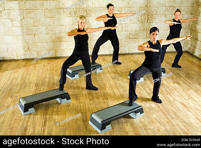 A group of women exercising in the fitness club. Looking at camera. High angle view