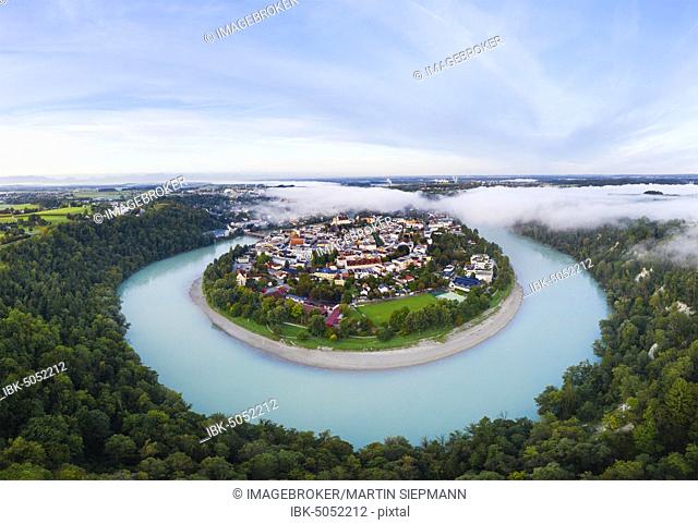 Old town in river bend of the Inn with fog, water castle at the Inn, aerial view, Upper Bavaria, Bavaria, Germany, Europe