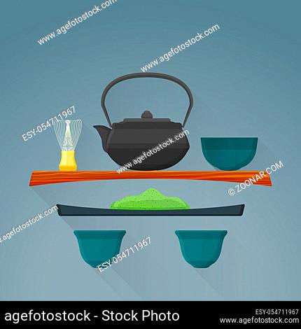 vector colored flat design japan green matcha powder bamboo whisk black kettle cups tea ceremony illustration isolated dark background long shadows