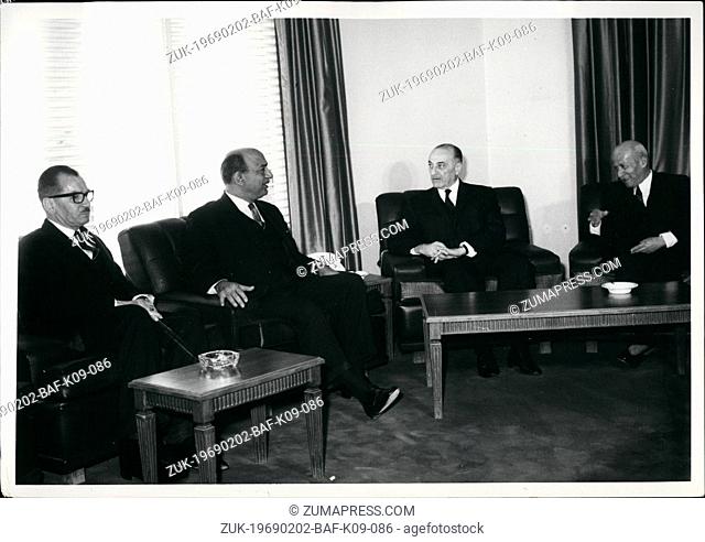 Feb. 02, 1969 - Jordanian Premier Bahjat Talhouni (right) the UAR Foreign Minister Mahmoud Riad (middle) and Jordan Foreign Minister Abdul Mon;en Rifai