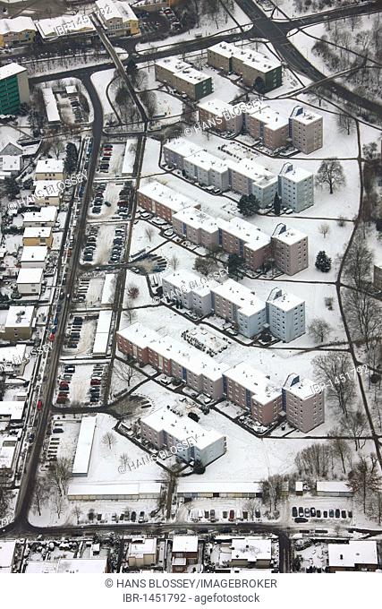 Aerial view, apartment buildings, Boele, snow, Garenfeld, Hagen, North Rhine-Westphalia, Germany, Europe