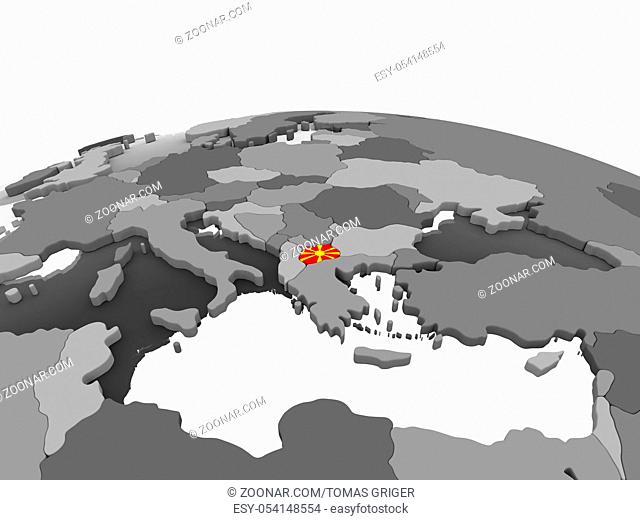 Macedonia on gray political globe with embedded flag. 3D illustration