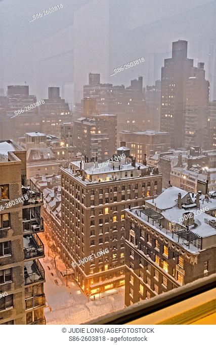 Looking Down, from a 23rd Floor Window, at Lexington Avenue and East 69th Street, Manhattan, New York City, During a Blizzard