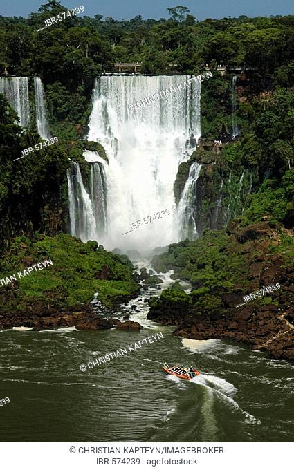 Waterfalls and tourist boat, Iguacu, view from Brasilian side, Brazil, South America