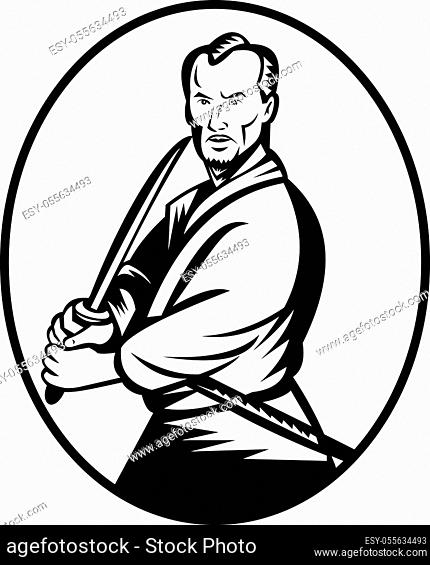 Black and white illustration of a Samurai warrior with katana sword in fighting stance viewed from front set inside oval shape done in retro woodcut style on...