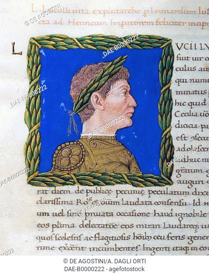 Illuminated page with profile of Lucullus, Volume I, left 1, f 225 v, Vitae virorum illustrium, by Plutarch (ca 46-127), manuscript