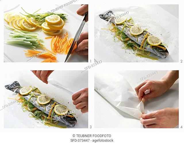 Cooking trout with vegetables in parchment