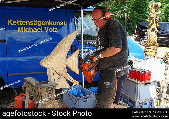 10 June 2023, Brandenburg, Heinersdorf: Michael Volz takes part in the so-called speed carving - chainsawing by time - under the motto ""We make chips""