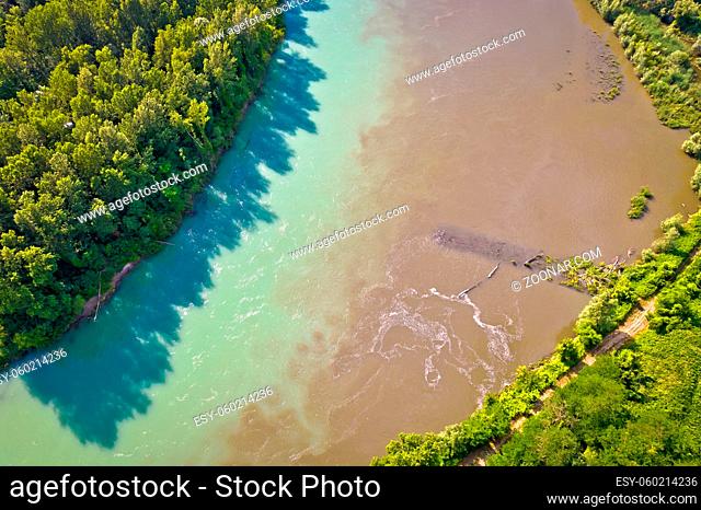 Aerial view of Drava river on mouth with Mura, Podravina region of Croatia, border with Hungary