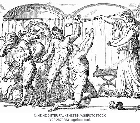 Witch-goddess Circe turning the crew of Odysseus into swine, Homer's Odyssey