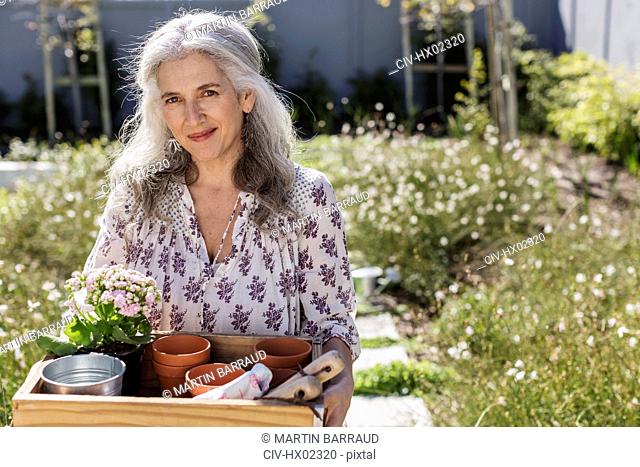 Portrait mature woman carrying gardening tray in sunny garden