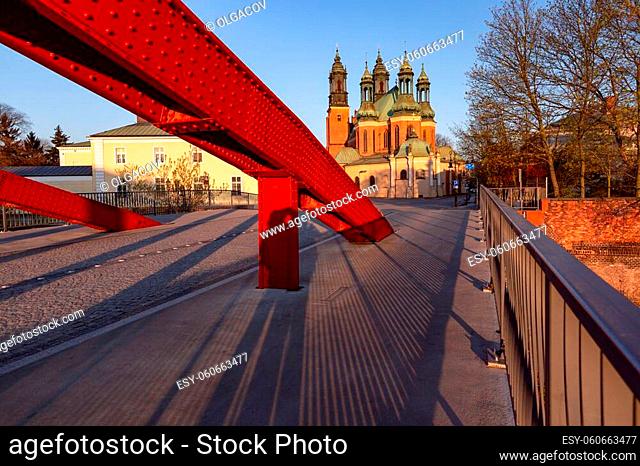 Bishop Jordan Bridge over Cybina River and Poznan Cathedral in sunny morning, Poznan, Poland