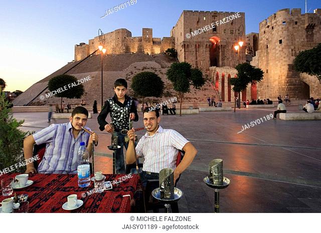 Syria, Aleppo, Old Town UNESCO Site, Outdoor local Cafes and Citadel in the Background