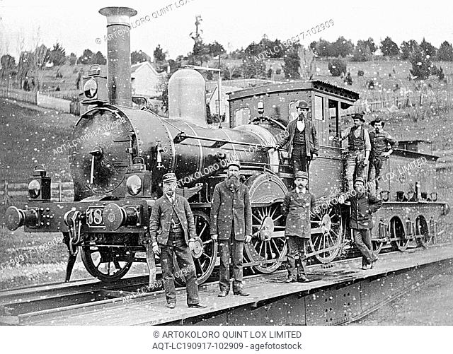 Negative - Victorian Railways F-class 2-4-0 Steam Locomotive & Crew on the Turntable, Daylesford, Victoria, 1890, Copy of a black & white photograph depicting...