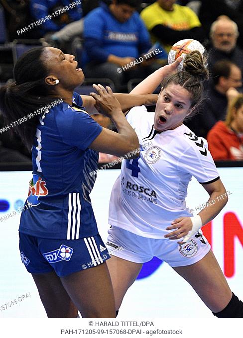 Paraguay's Fernanda Lujan Isfran Mora (R) in action against France's Estelle Nze Minko (L) during the World Women's Handball Championship match between France...