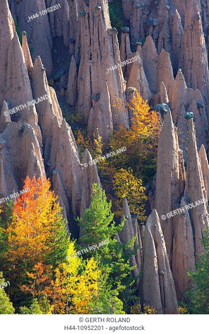 Ritten, geomorphology, Italy, Europe, Trentino, South Tirol, earth pillar, geology, erosion, forms, nature, cliff, wood, forest, autumn colours