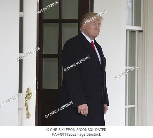 United States President Donald J. Trump awaits the arrival of Prime Minister Haider al-Abadi of Iraq at the White House in Washington DC March 20, 2017