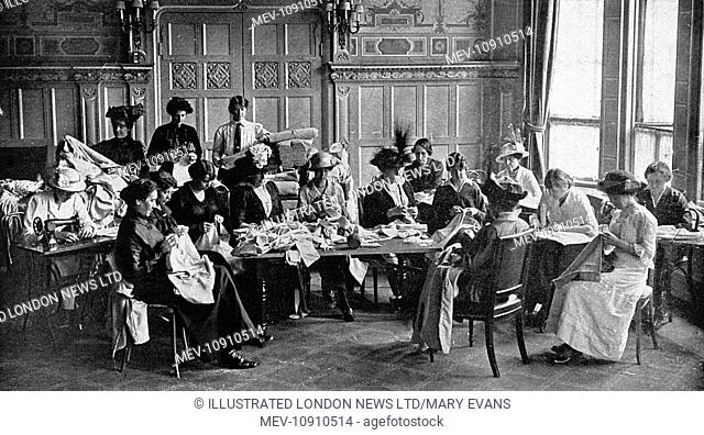 Women making woollen shirts for the war effort at Claridge's Hotel, London, at the start of the First World War. The garments are destined for Lord Tredegar's...