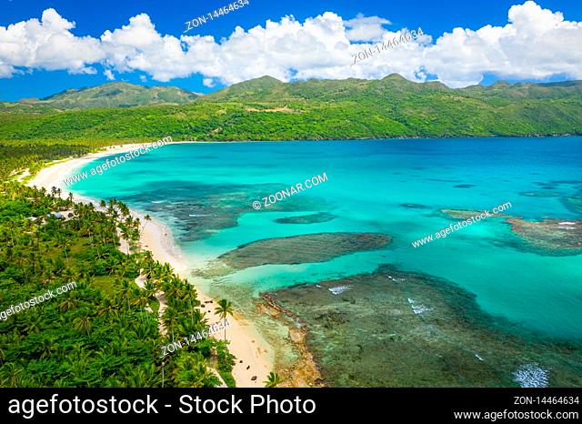 Aerial photography of wonderful tropical panorama of Rincon bay.Samana peninsula, Rincon beach, Dominican Republic
