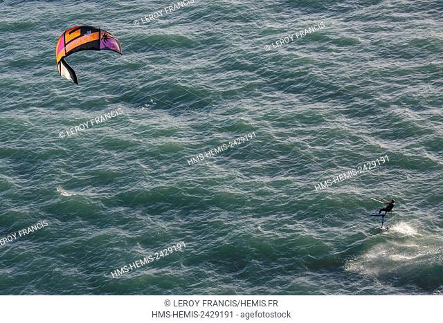 France, Vendee, La Tranche sur Mer, kite surfing (aerial view)
