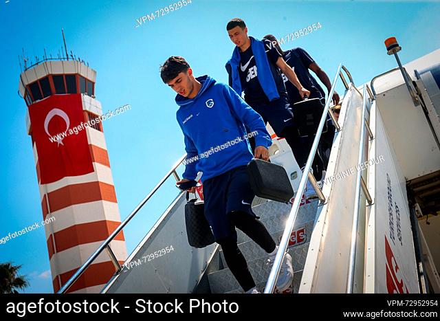 Genk's Luca Oyen pictured during the arrival of soccer team KRC Genk, Wednesday 30 August 2023 in Adana, Turkey. The team is preparing for tomorrow's game...
