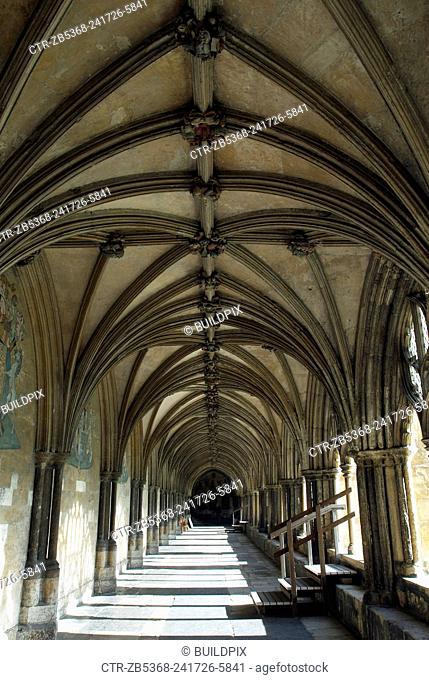 Arched passageway surrounding the Cloisters area of Norwich Cathedral, UK