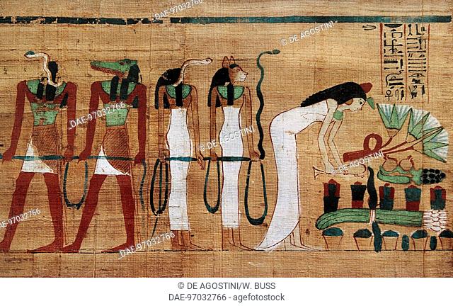 The deceased making libations in honour of the Gods, scene from the Book of the Dead, funerary papyrus. Egyptian civilisation, Third Intermediate Period