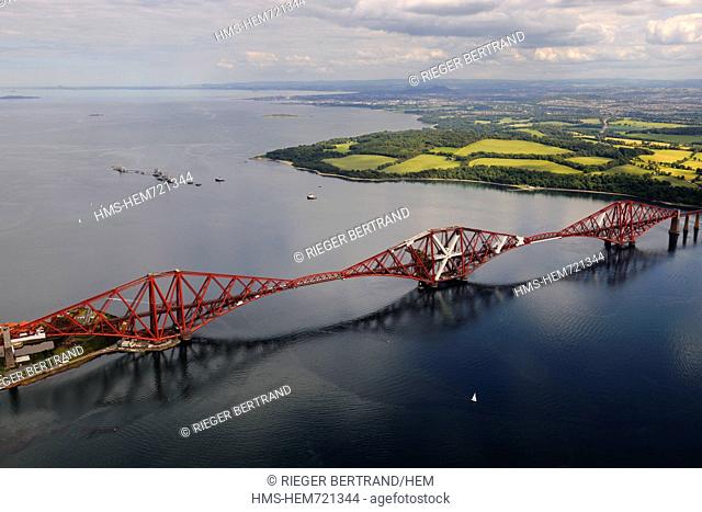 United Kingdom, Scotland, Firth of Forth, the Forth Railway Bridge and Edinburgh in the background aerial view