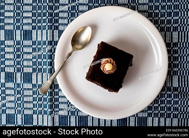 delicious brown chocolate cake on white plate