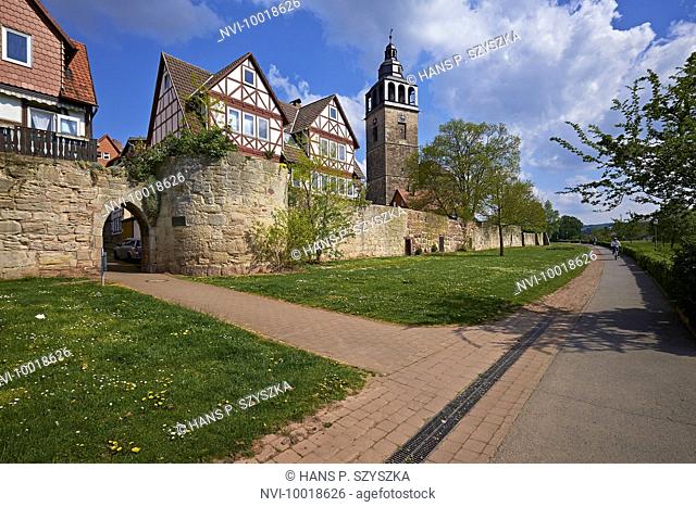 St. Crucis Church with town wall in Allendorf, Bad Sooden-Allendorf, Hesse, Germany, Europe