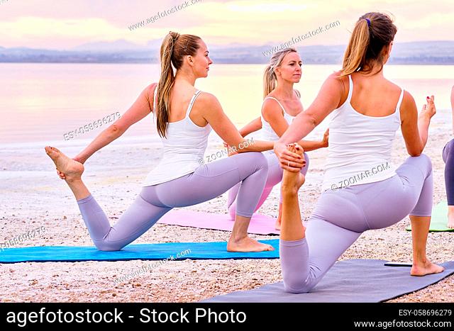 Group of slim attractive women wearing sportswear doing yoga standing on mats in circle outdoors on nature performing practising asana exercise One-Legged King...